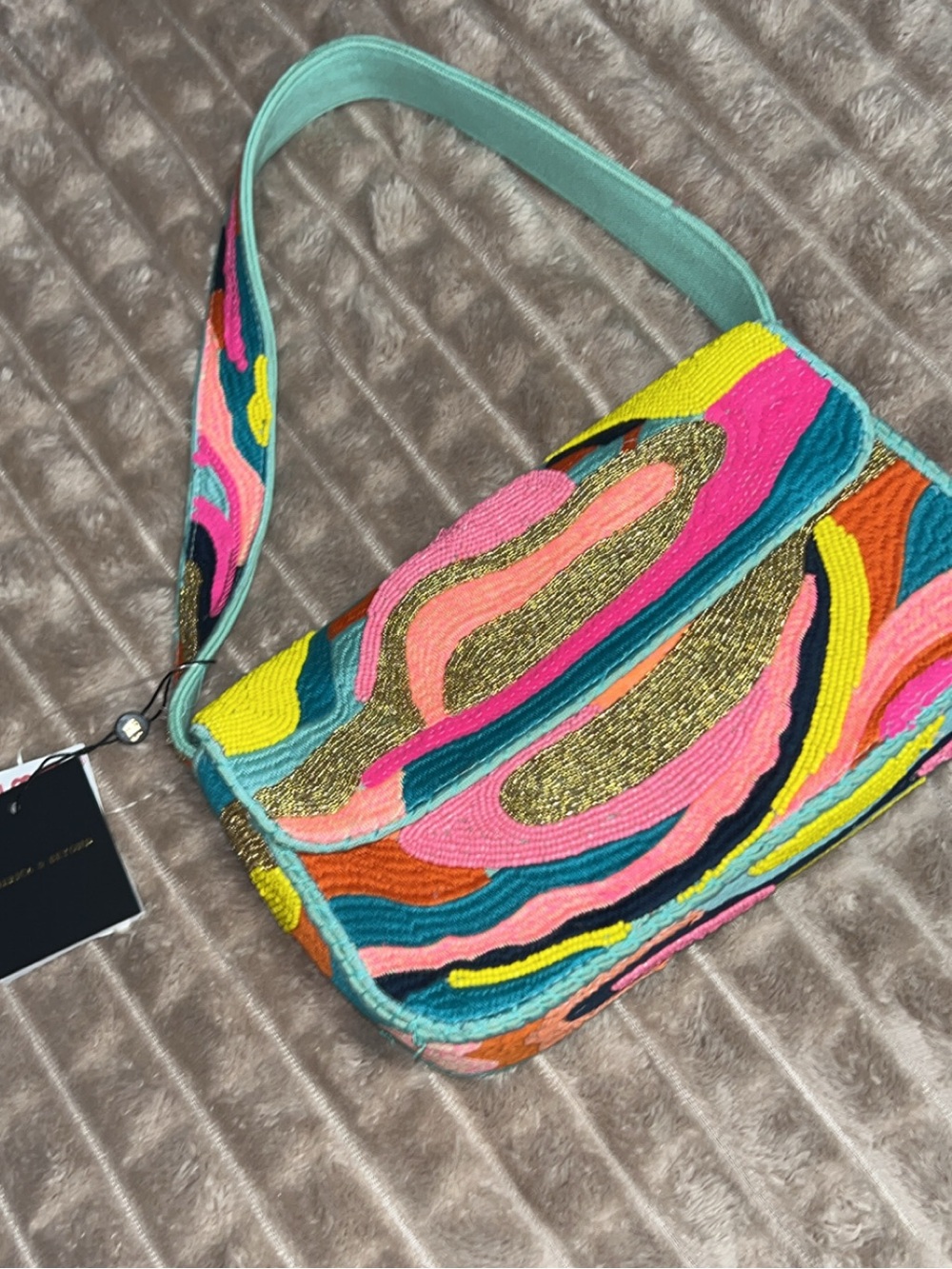 NWT Beaded - America & Beyond Vibrant Multicolor Shoulder Bag with Teal Strap